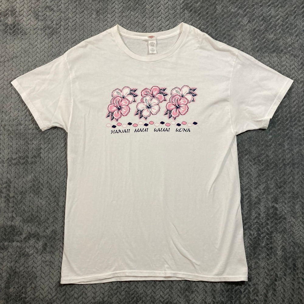 Hanes T-Shirt Womens L Hawaii Maui Kauai Kona Hibiscus White Graphic VTG